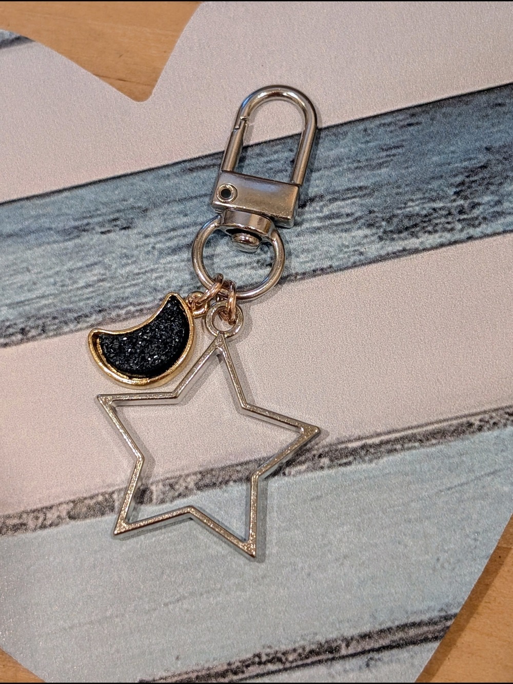 Star & Crescent Moon Keychain Charm - Silver and Dark Blue